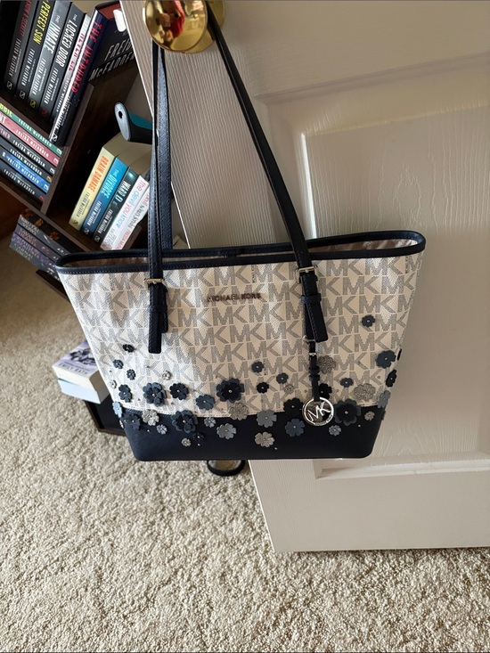 Michael Kors Handbags - Michael Kors Cream and Black Floral MK Logo Tote